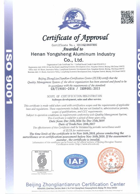 Porcellana Henan Yongsheng Aluminum Industry Co.,Ltd. Certificazioni